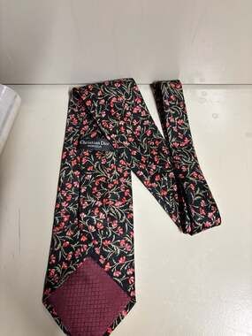 Christian Dior Monsieur Vintage Floral Silk Necktie Black with Red Flower Print